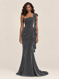 Black Velvet One-Shoulder Mermaid Evening Gown with Bow & Ruffles