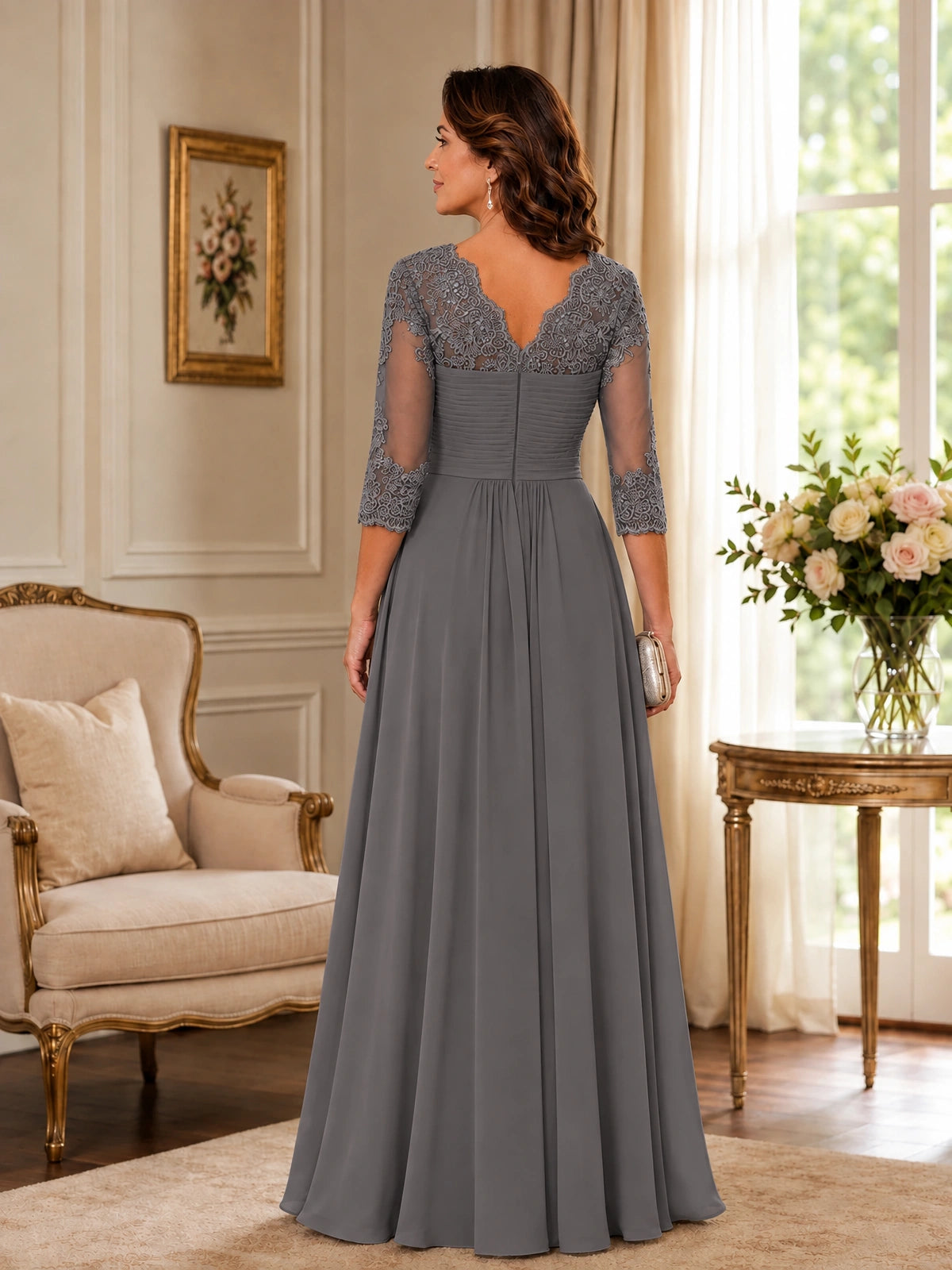 Chiffon Lace Applique Mother of the Bride Dress with 3/4 Sleeves