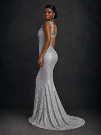 Gold Sequin Floral Applique Mermaid Prom Dress