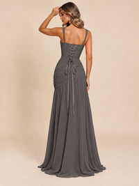Wrap Pleated Prom Dress Scoop Neck with Slit Women Wedding Formal Dress