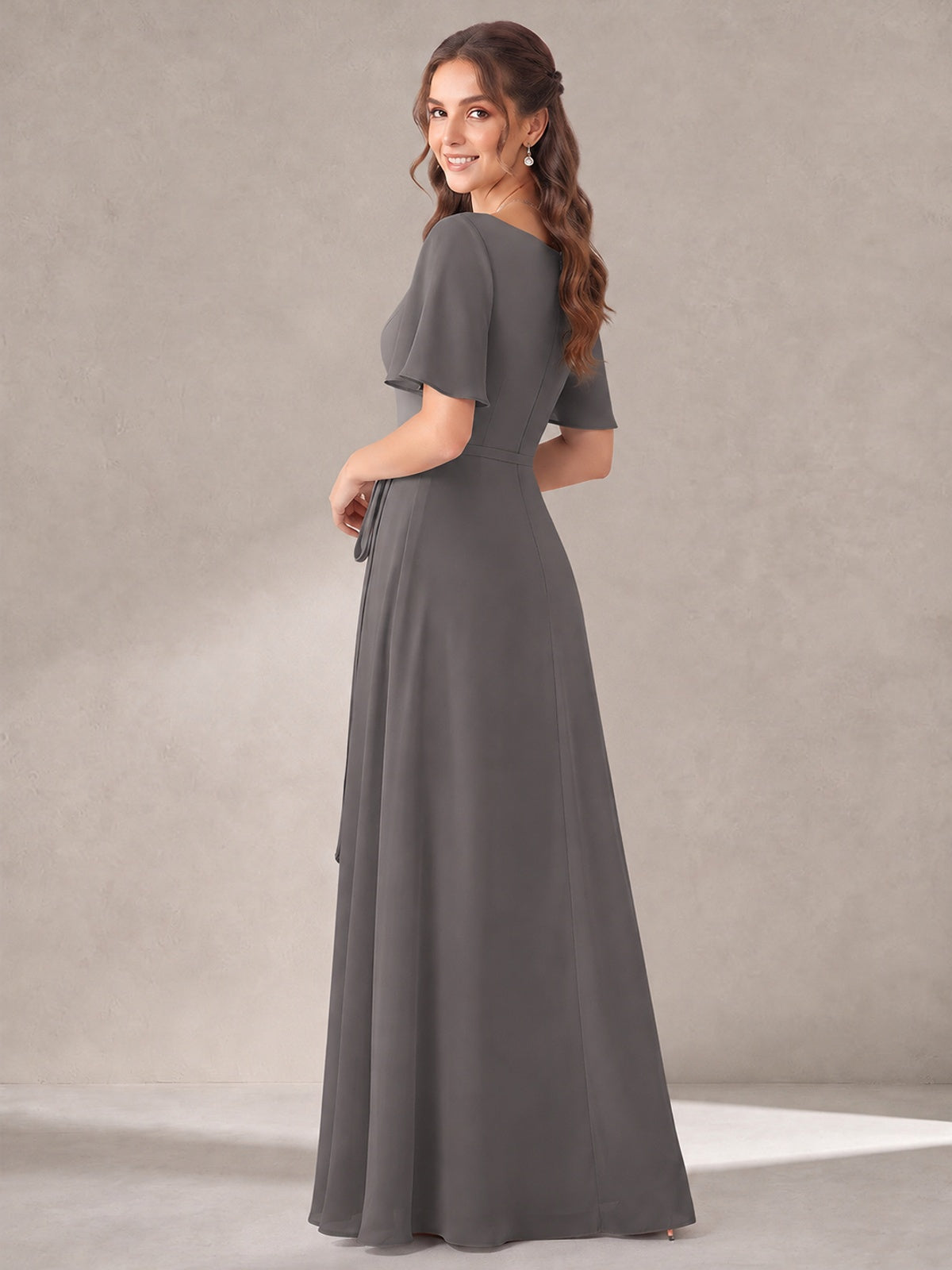 Scoop Neck A-line Chiffon Bridesmaid Dress with Flutter Sleeve & Belt