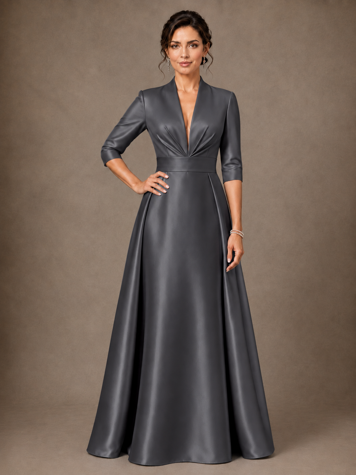 V-Neck Pleated Satin Mother of the Bride Gown with 3/4 Sleeves