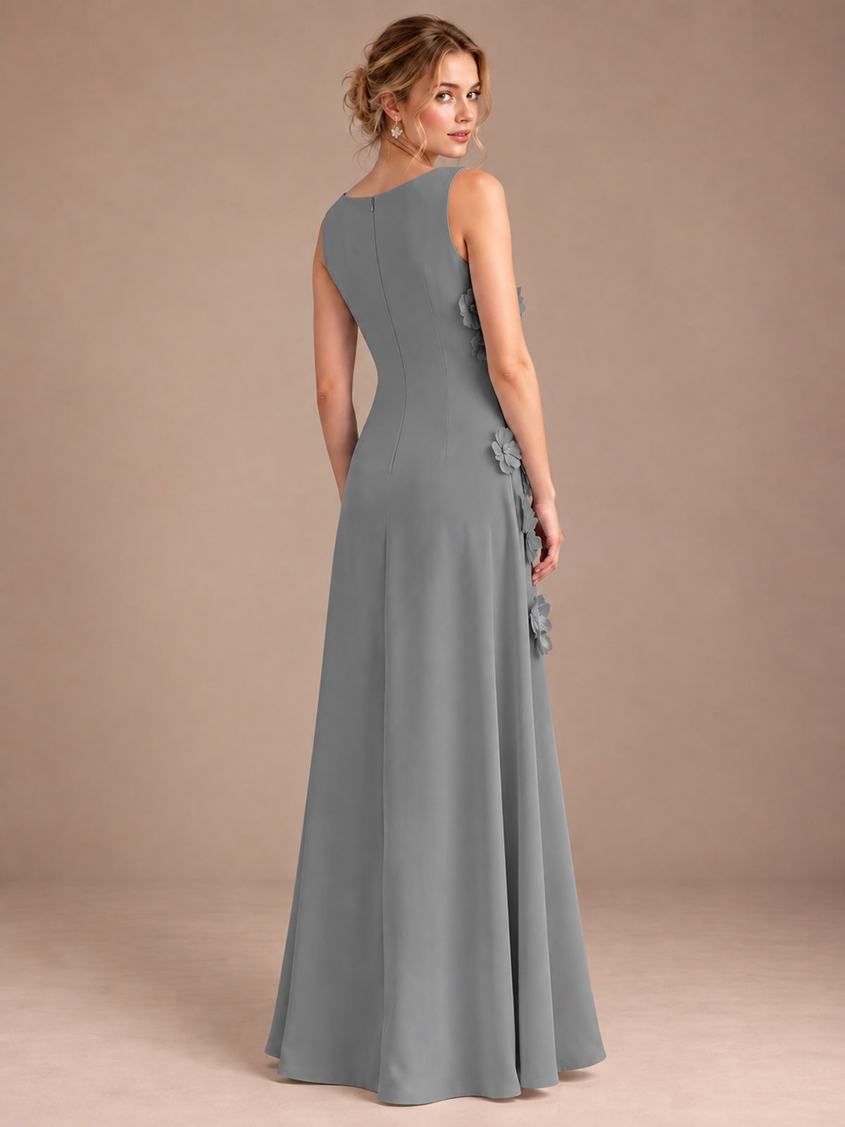 3D Floral Applique Sleeveless Formal Maxi Dress