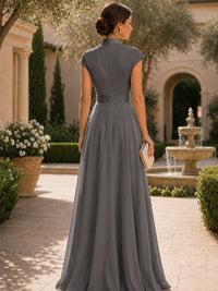 V Neck Cap Sleeve A-Line Floor-Length Satin Bridesmaid Dress