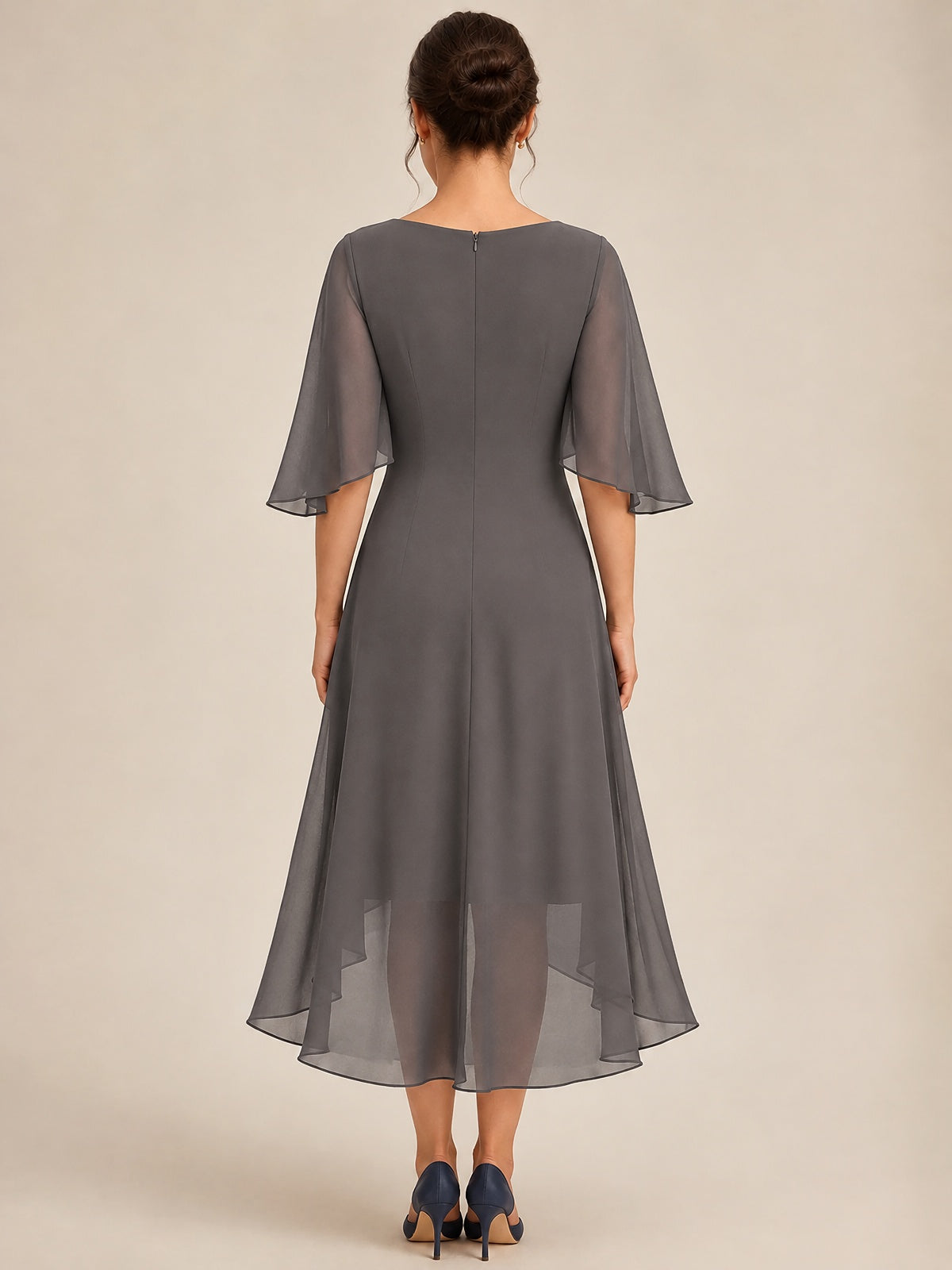 Cowl Neck Ruched Chiffon Mother of the Bride Dresses with Flutter Sleeves