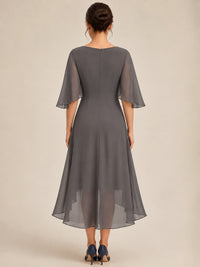 Cowl Neck Ruched Chiffon Mother of the Bride Dresses with Flutter Sleeves