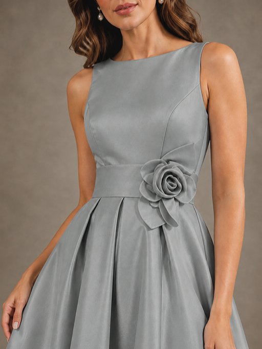 Tea-Length Satin Mother of the Bride Dress with 3D Flower Detail
