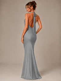 Olive Green Halter Satin Mermaid Maxi Dress