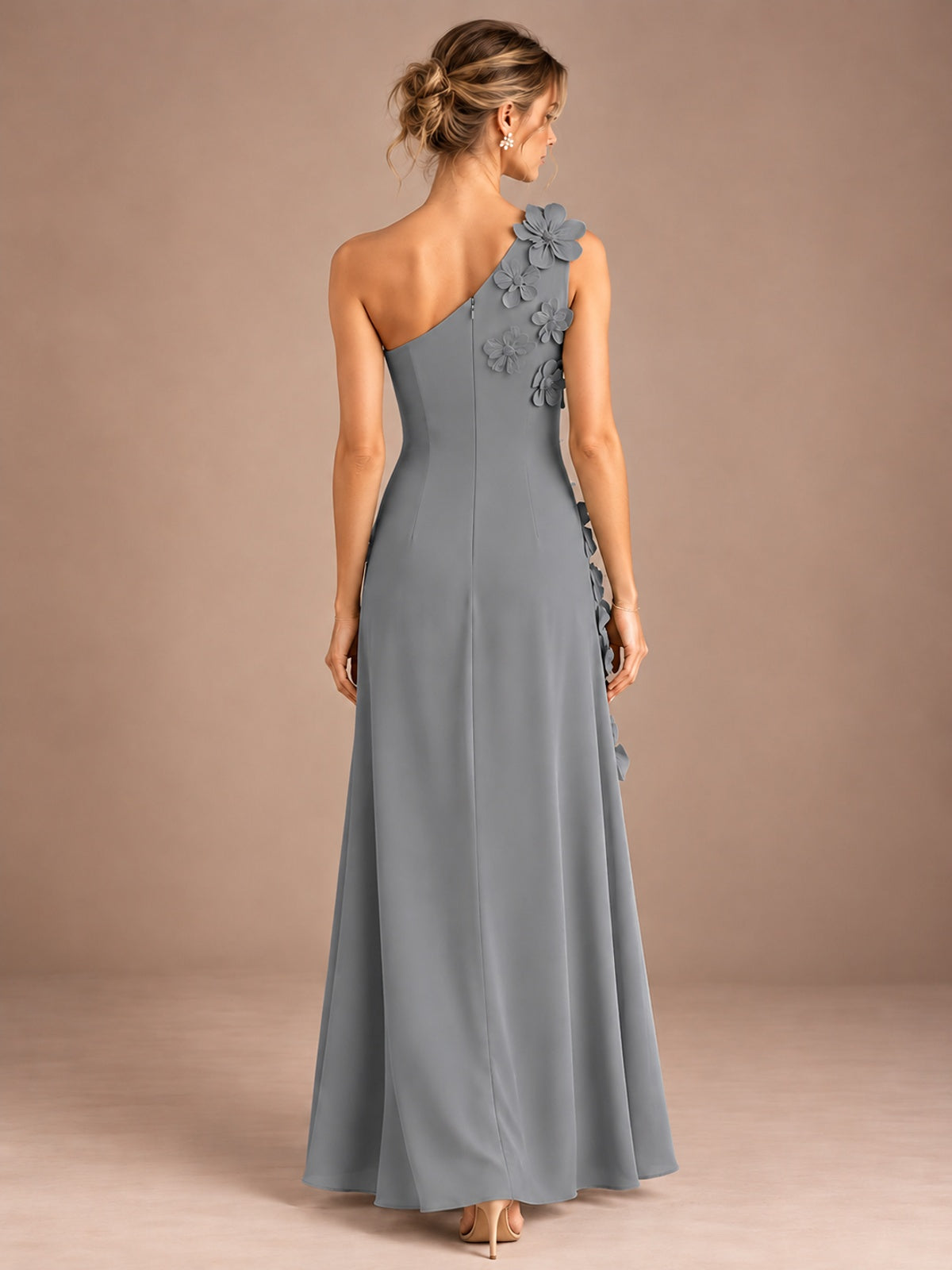 Sage Green One Shoulder Satin Formal Maxi Dress with 3D Floral