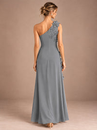 Sage Green One Shoulder Satin Formal Maxi Dress with 3D Floral