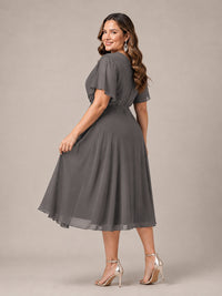 Navy Blue A-Line V-Neck Tea-Length Mother of the Bride Dress
