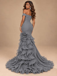 Dusty Blue Off-the-Shoulder Mermaid Prom Dress with 3D Rose & Ruffles