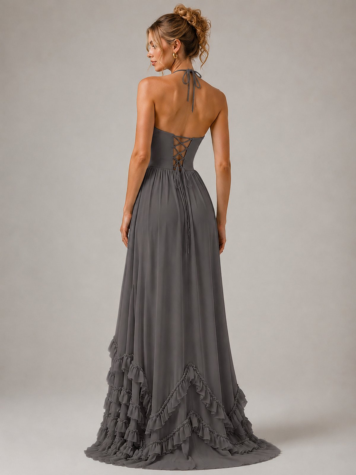 Halter V Neck Chiffon Formal Dress with Lace-Up Back and Ruffle Hem