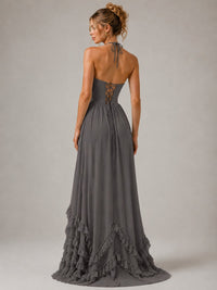 Halter V Neck Chiffon Formal Dress with Lace-Up Back and Ruffle Hem