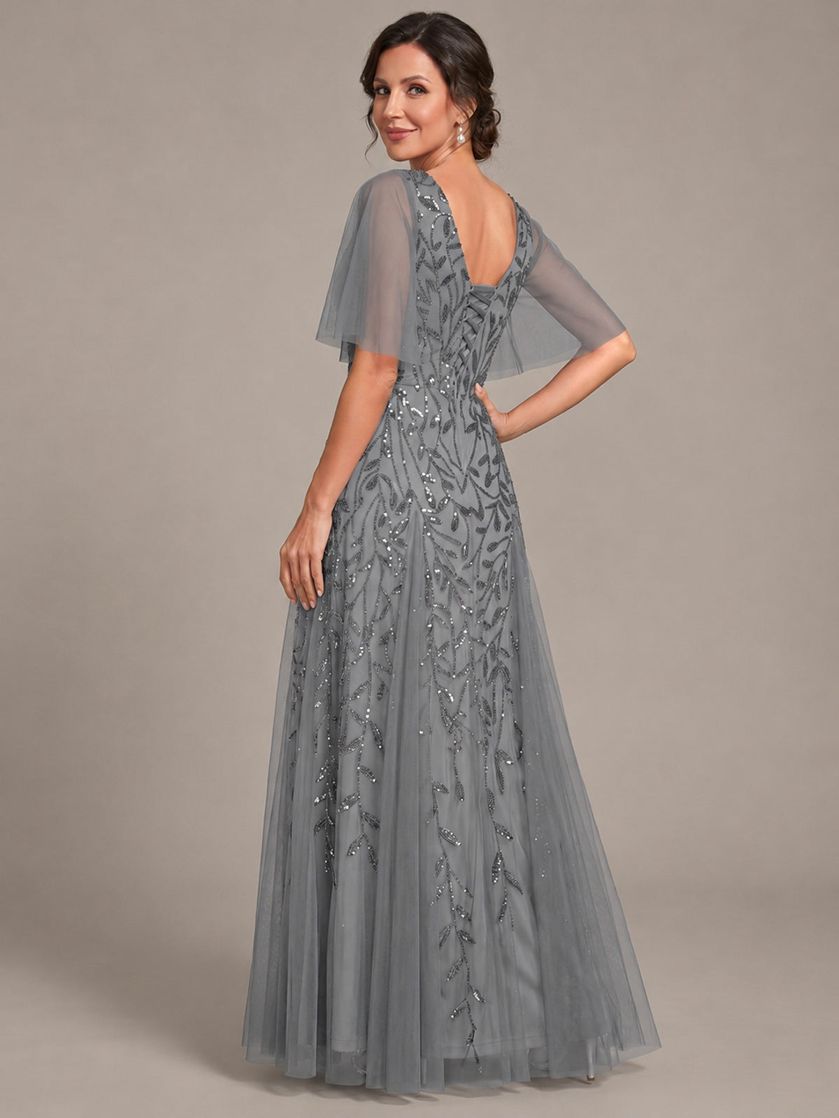 V-Neck Sequin Tulle Mother of the Bride Dress with Flutter Sleeve