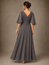 V-Neck Chiffon Lace Mother of the Bride Dress with Flutter Sleeves