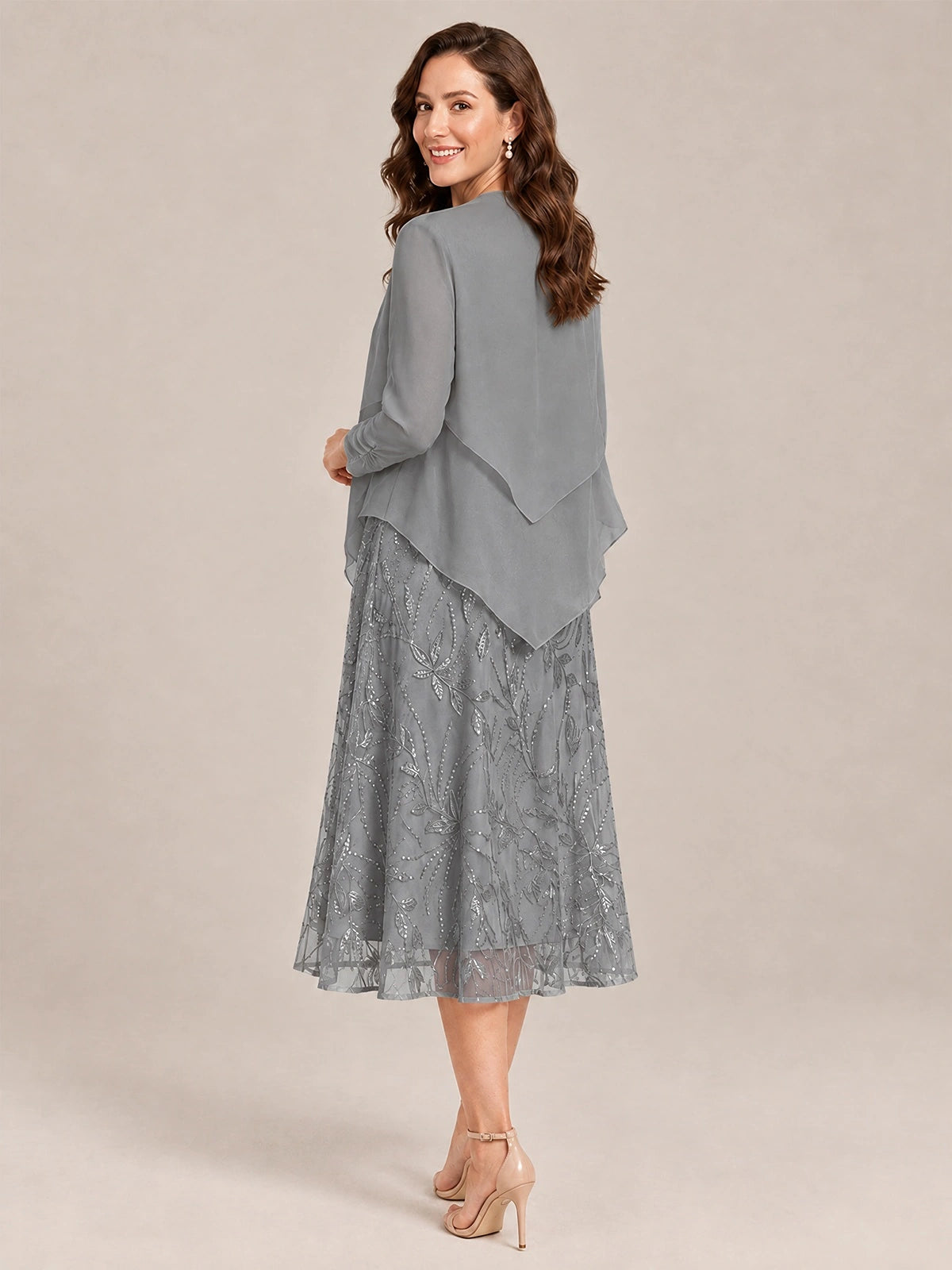 Tea Length Sequin Lace Mother of the Bride Dress with Chiffon Jacket