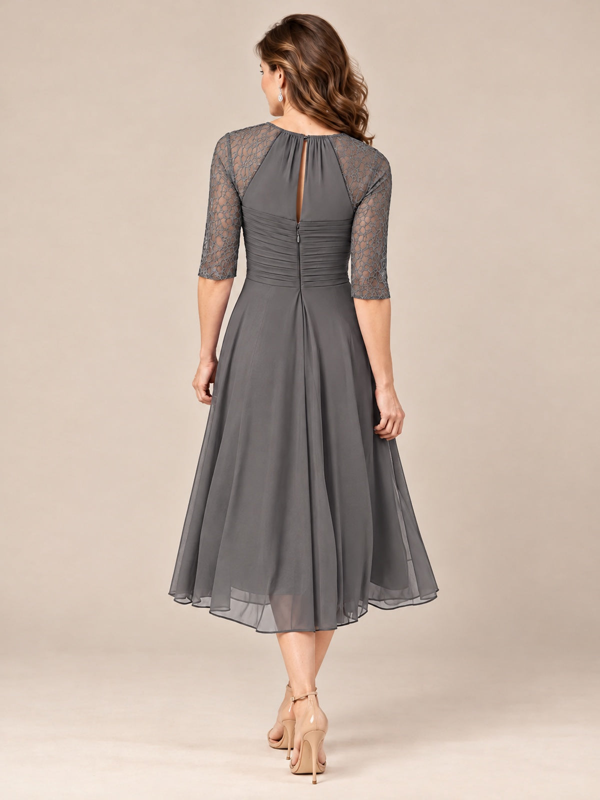 Tea-Length Mother of the Bride Dress with Lace 3/4 Sleeves