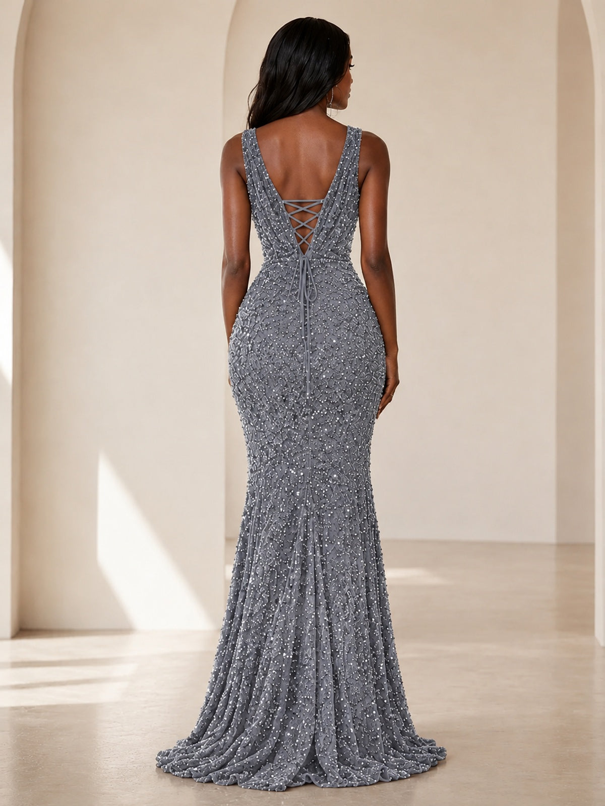 Sequin Mermaid Prom Dress with V-Neck and Ruched Waist