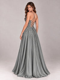 Lace Applique Satin A-Line Prom Dress with Sheer Bodice