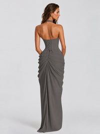 Ruched Halter Neck High-Slit Prom & Evening Dress