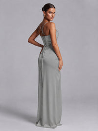 Square Neck Satin Long Prom Dress with Ruffles