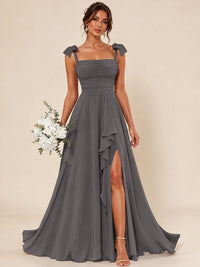 Ruffle Slit Chiffon A Line Scoop Neck Bridesmaid Dresses with Pockets