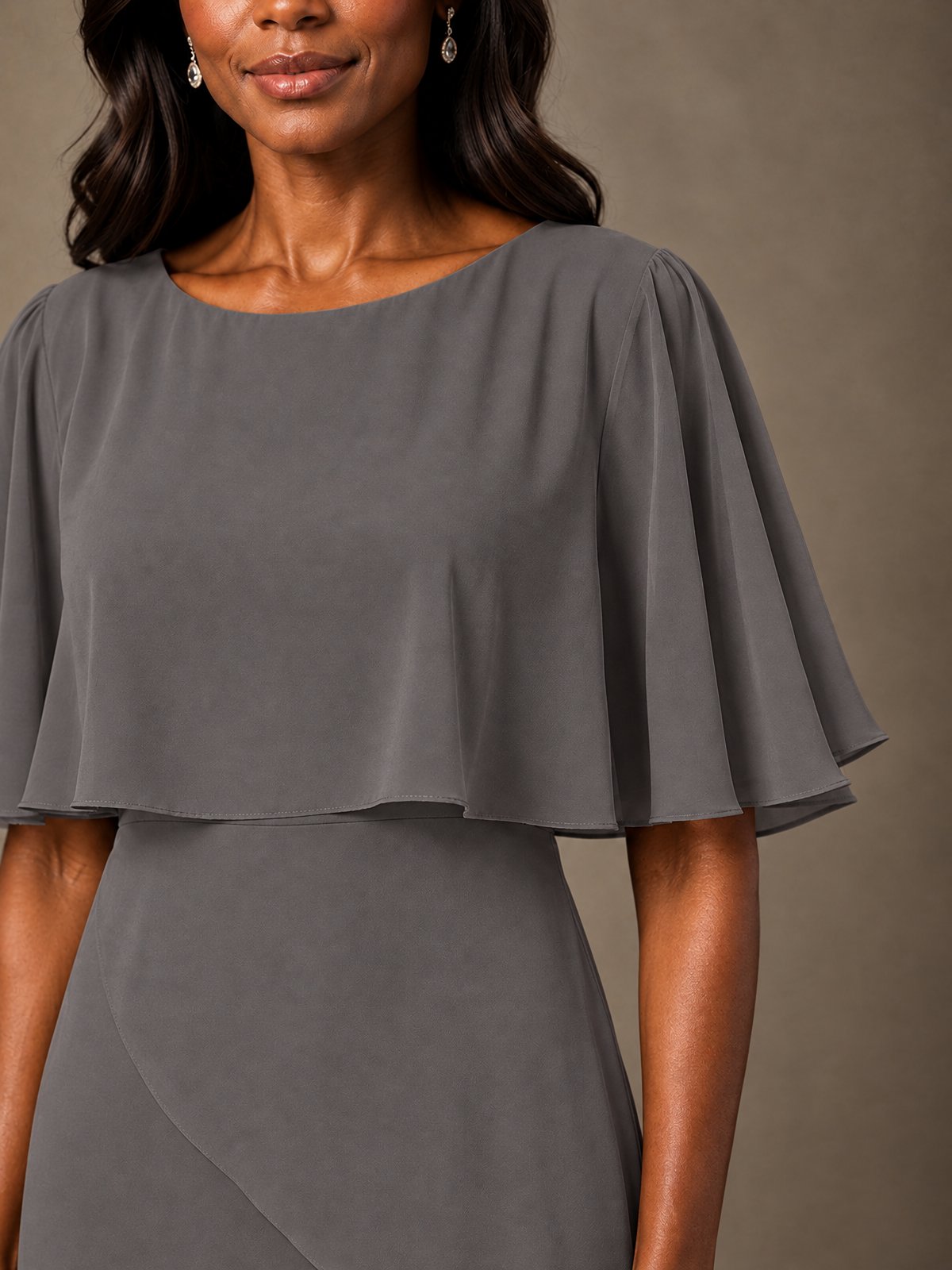 Taupe Chiffon A-Line Mother of the Bride Dress with Cape Sleeves