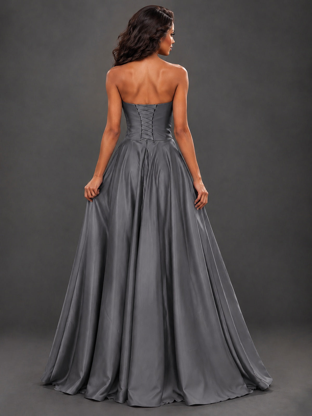 Draped Satin Prom Dress Strapless A-line Formal Dress Floor Length