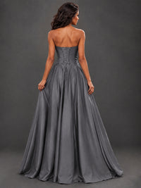 Draped Satin Prom Dress Strapless A-line Formal Dress Floor Length