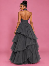 Hot Pink Tulle Halter Neck Tiered Ruffle Maxi Dress