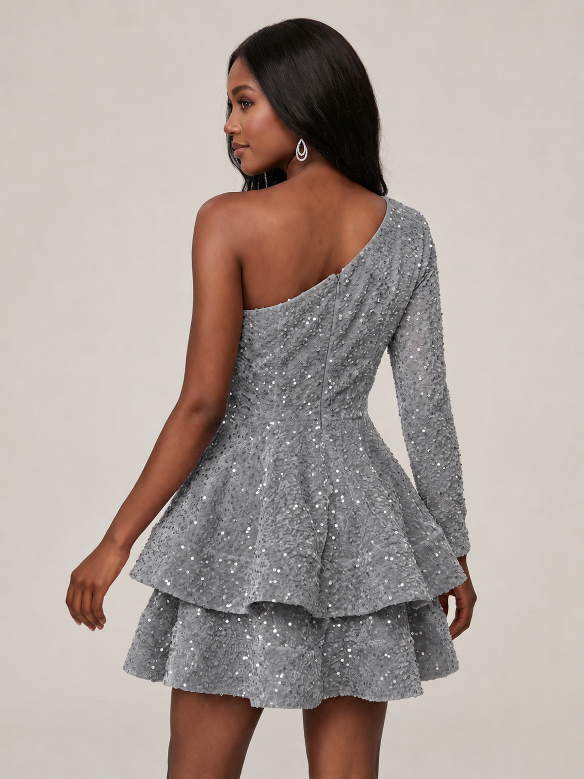 Puffy One Shoulder Sequin Tiered Mini Dress