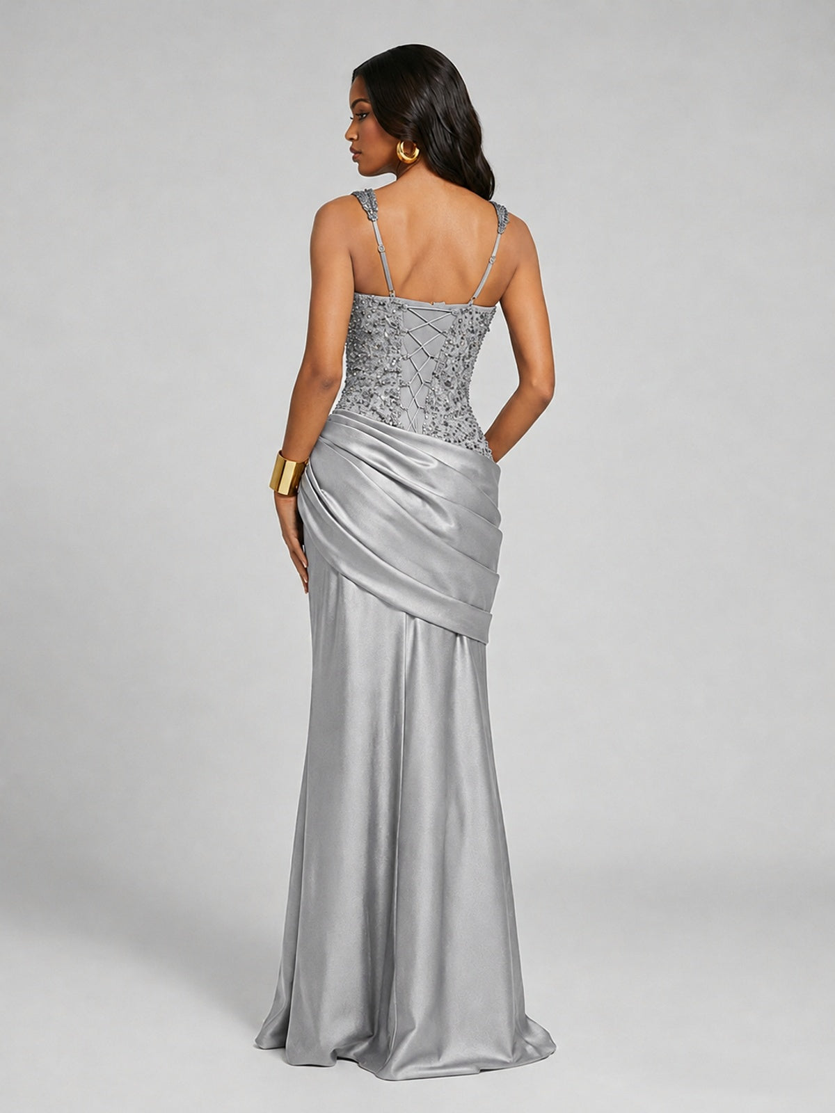 Scoop Neck Sequin Prom Dress with High Slit Satin Formal Gowns