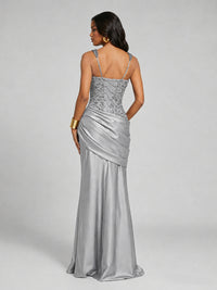 Scoop Neck Sequin Prom Dress with High Slit Satin Formal Gowns