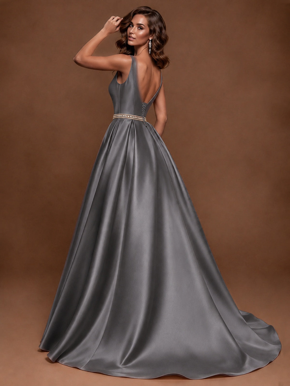 Satin A-Line Prom Dress Sleeveless Beaded Waist Formal Gown with Pockets