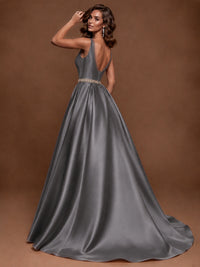 Satin A-Line Prom Dress Sleeveless Beaded Waist Formal Gown with Pockets