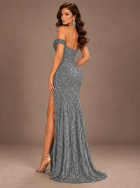 Off the Shoulder Corset Sequin Mermaid Prom Dress with Slit