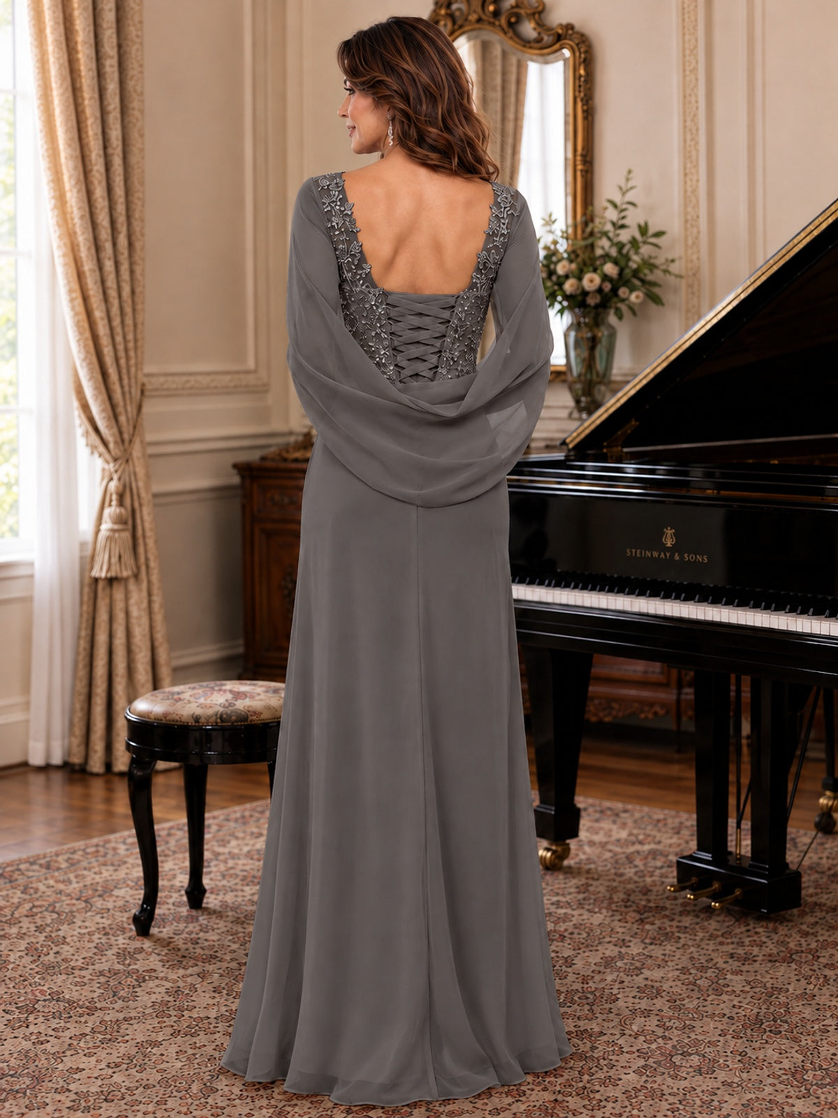 Elegant Applique Chiffon Mother of the Bride Dress with Cape Sleeves