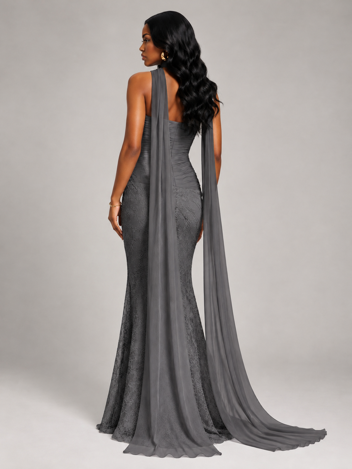 Pleated Chiffon Lace Prom Dresses Long Bodycon Mermaid with Scarf