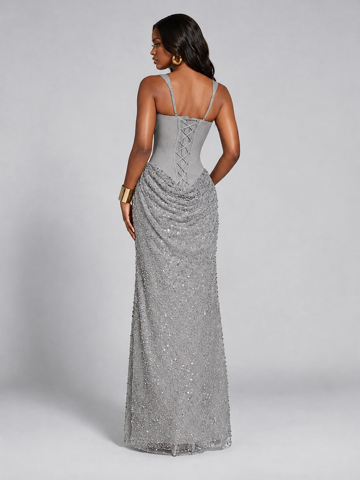 Sequin Corset Mermaid Prom Dress with Square Neck Wide Strap High Slit