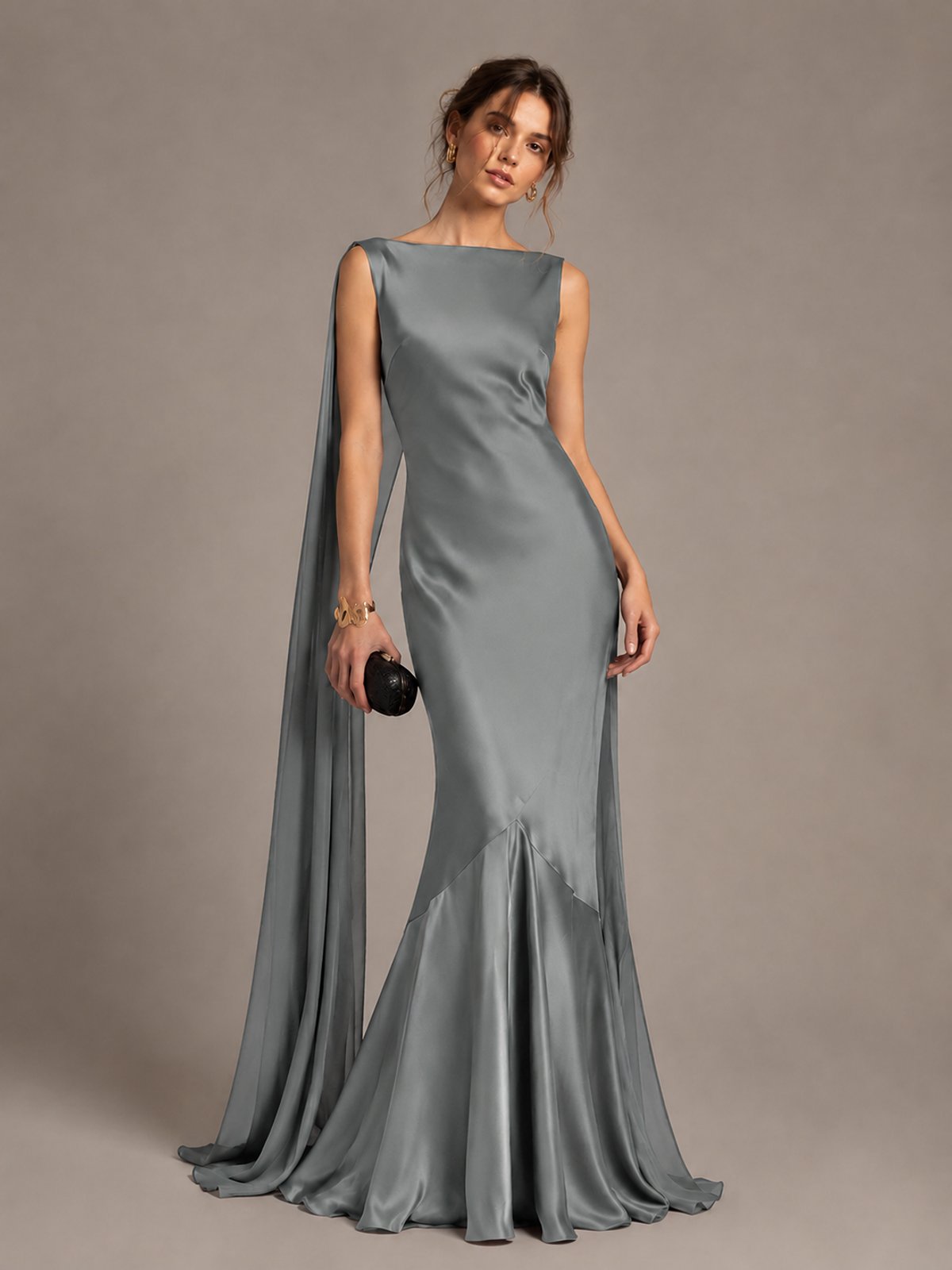 Burgundy Satin Mermaid Cape Maxi Dress