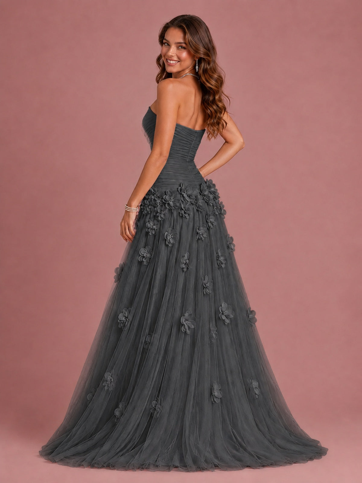 Blush Pink Strapless Sweetheart 3D Floral Tulle Ball Gown Prom Dres