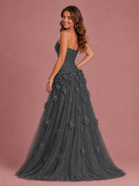 Blush Pink Strapless Sweetheart 3D Floral Tulle Ball Gown Prom Dres
