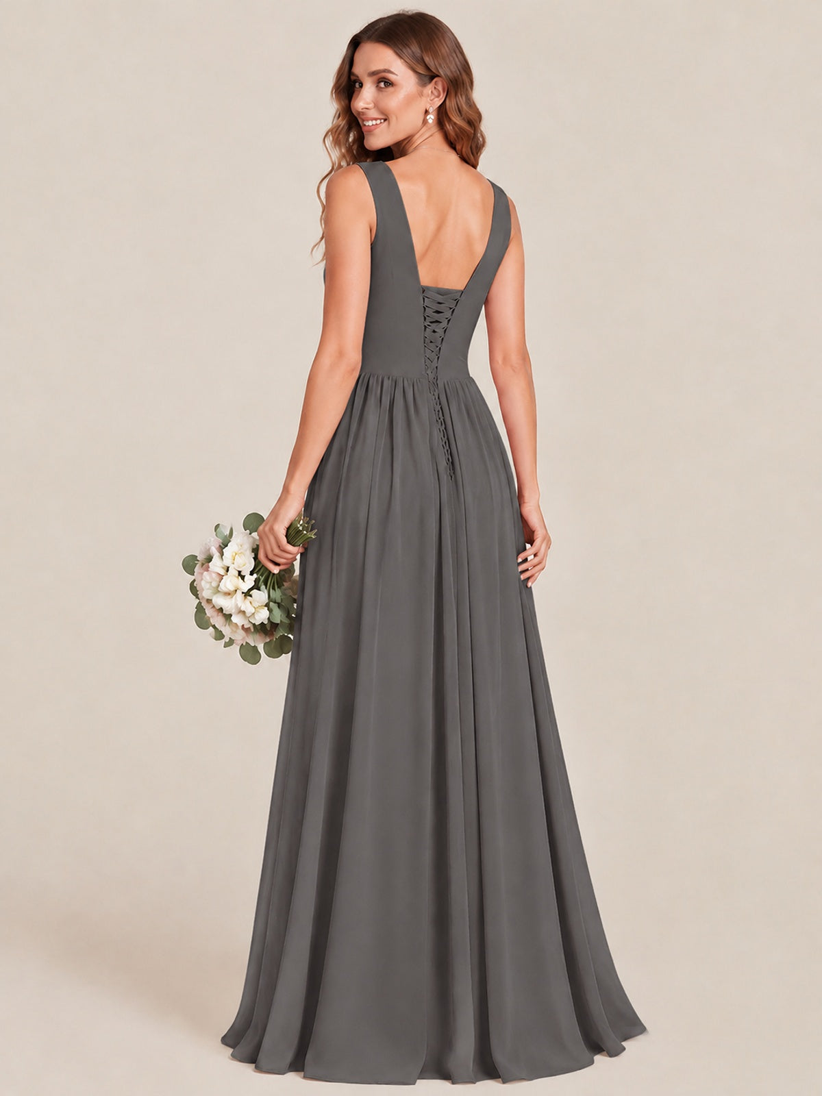 A-line Sleeveless Rucehd Chiffon Bridesmaid Dress with High Slit