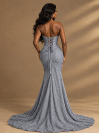 Beaded Sequin Prom Dress Strapless Formal Gowns with High Slit Train