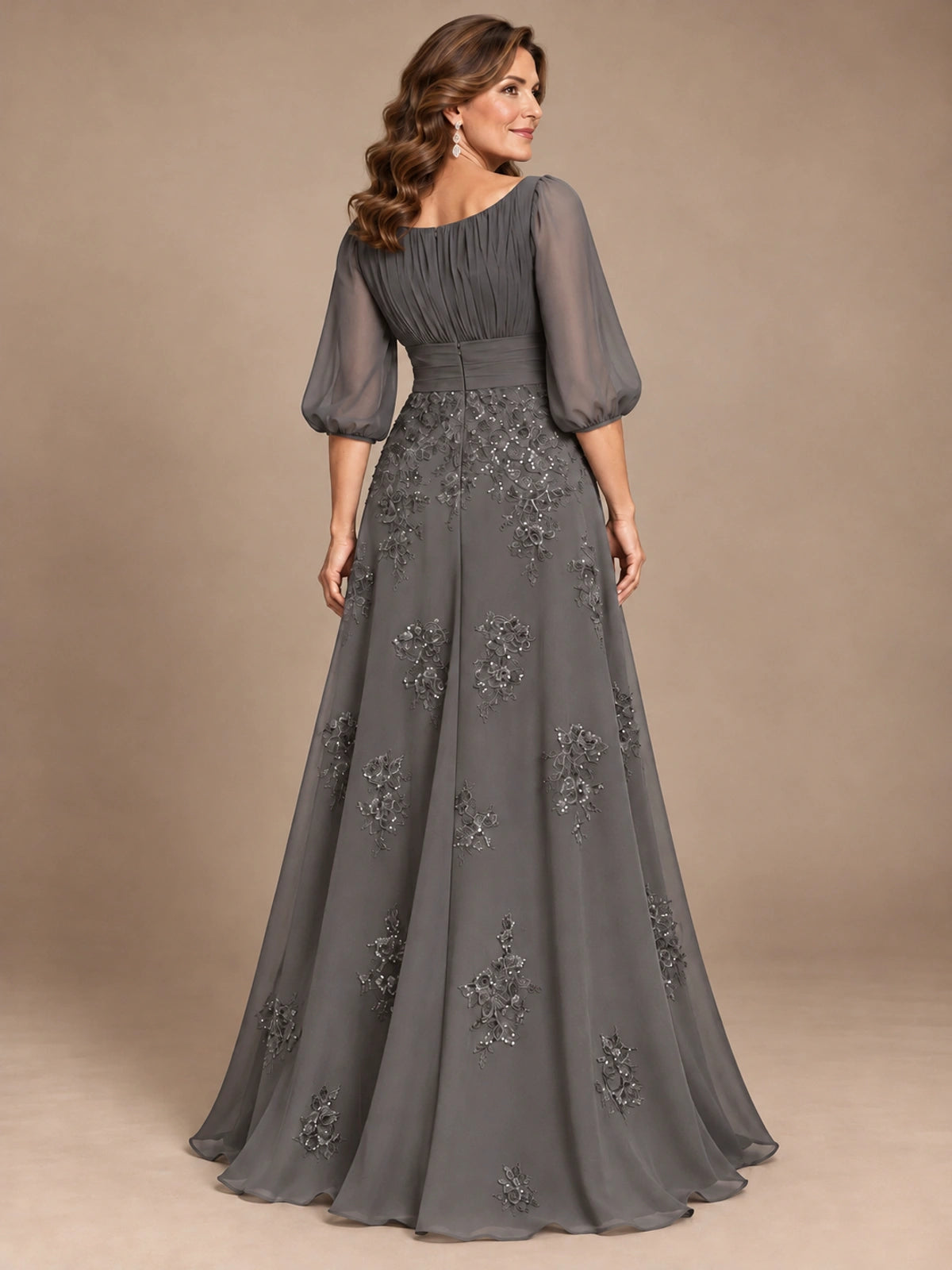 A-Line Mother of the Bride Dress with Sheer Puff Sleeves