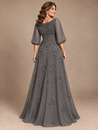 A-Line Mother of the Bride Dress with Sheer Puff Sleeves