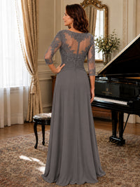 A-Line Chiffon Mother of the Bride Dress with Floral Applique 3/4 Sleeves