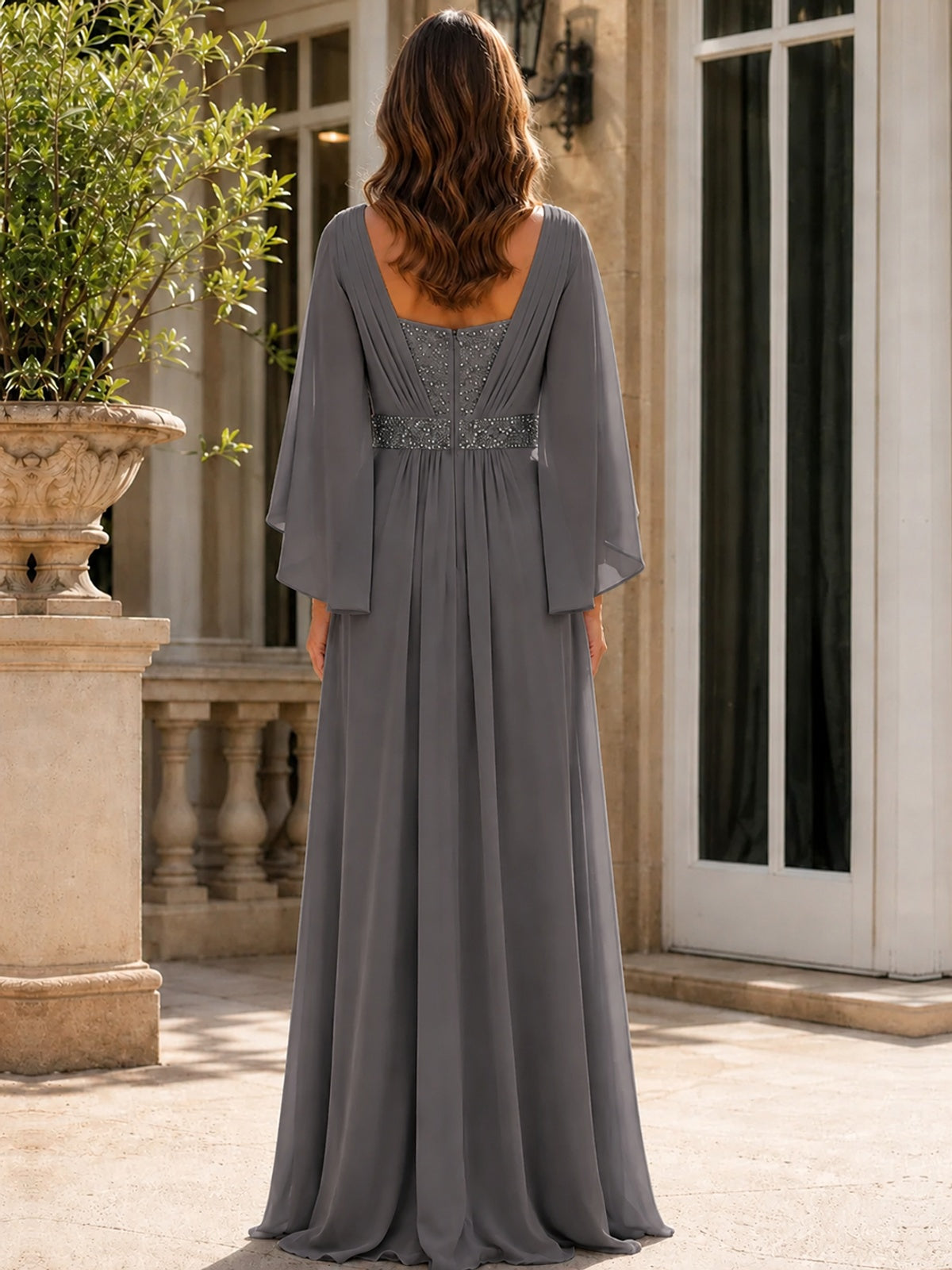 Elegant V-Neck Sequined Chiffon Mother of the Bride Dress with Flutter Sleeves