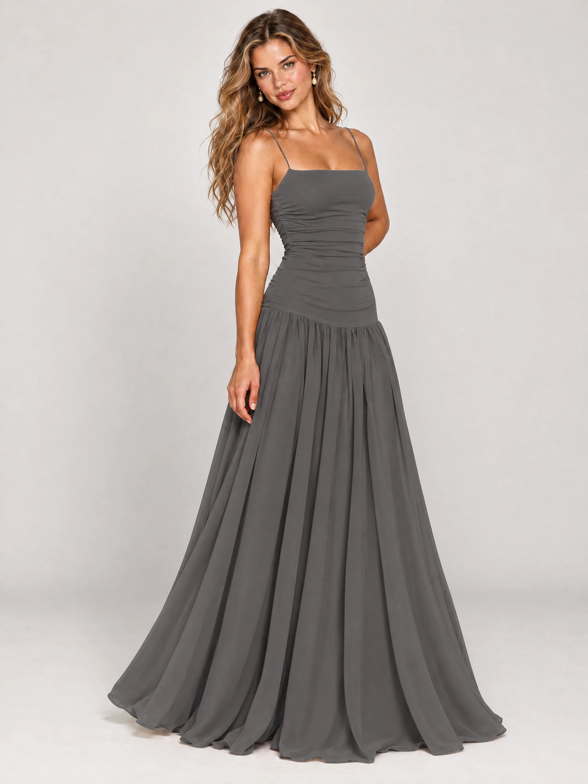 Butter Yellow Ruched Spaghetti Strap Drop-Waist Prom Dress